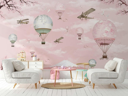 Balloons in Pink Sky Kids Wallpaper, Sky Child Wallpaper, Cute Wallpaper Nursery, Pink Baby Boy Wallpaper, Pink Baby Girl Wall Poster