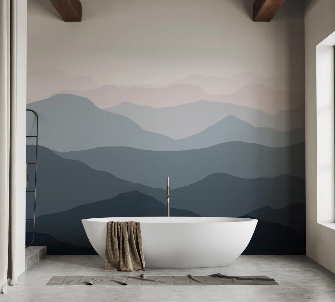 Abstract Forest wallpaper in Blue Gray Tones, Foggy Forest Wallpaper, Illustration Mountain Wallpaper, Watercolor Wallpaper