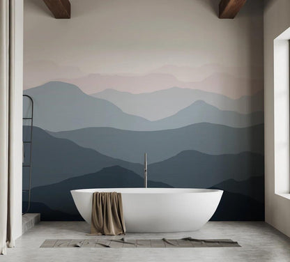 Abstract Forest wallpaper in Blue Gray Tones, Foggy Forest Wallpaper, Illustration Mountain Wallpaper, Watercolor Wallpaper