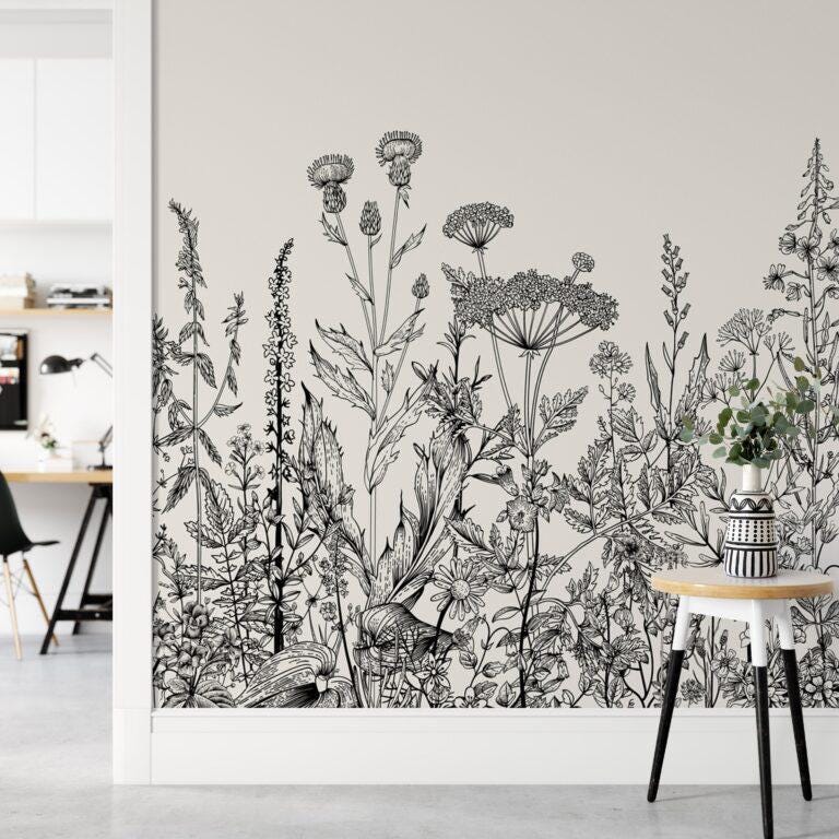 Sketch Flowers Plants Wallpaper, Floral Wallpaper, Romantic Wallpaper, Black-White Mural, Illustration Wallpaper, Drawing Wallpaper