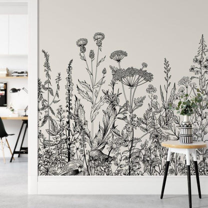 Sketch Flowers Plants Wallpaper, Floral Wallpaper, Romantic Wallpaper, Black-White Mural, Illustration Wallpaper, Drawing Wallpaper