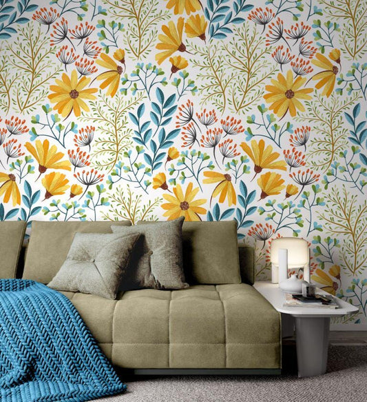 Colorful Live Flowers Background Wallpaper, Illustration Wallpaper, Peel Stick Watercolor Wallpaper, Mini Flowers Wallpaper, Botanical Mural