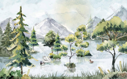 Trees By The Lake Wallpaper, Tual Wallpaper, Nature Mural, Painting Wallpaper, Peel and Stick Wallpaper, Watercolor Green and Blue Wallpaper
