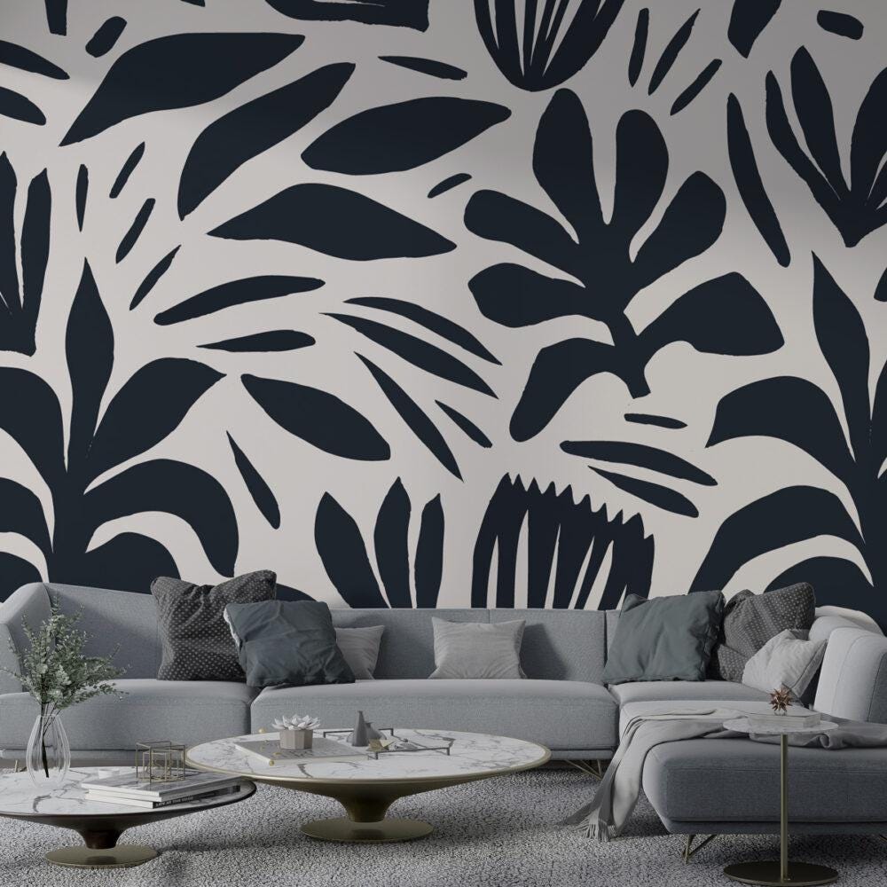 Black and White Abstract Flower Motifs Wallpaper, Dynamic Shaped Wallpaper, Special Design Asymmetrical patterned Mural, Bathroom Wallpaper