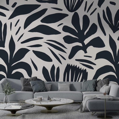 Black and White Abstract Flower Motifs Wallpaper, Dynamic Shaped Wallpaper, Special Design Asymmetrical patterned Mural, Bathroom Wallpaper