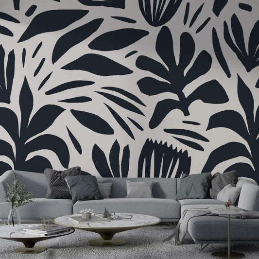 Black and White Abstract Flower Motifs Wallpaper, Dynamic Shaped Wallpaper, Special Design Asymmetrical patterned Mural, Bathroom Wallpaper