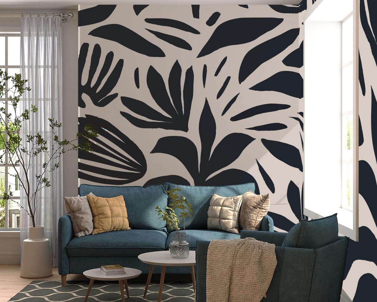 Black and White Abstract Flower Motifs Wallpaper, Dynamic Shaped Wallpaper, Special Design Asymmetrical patterned Mural, Bathroom Wallpaper