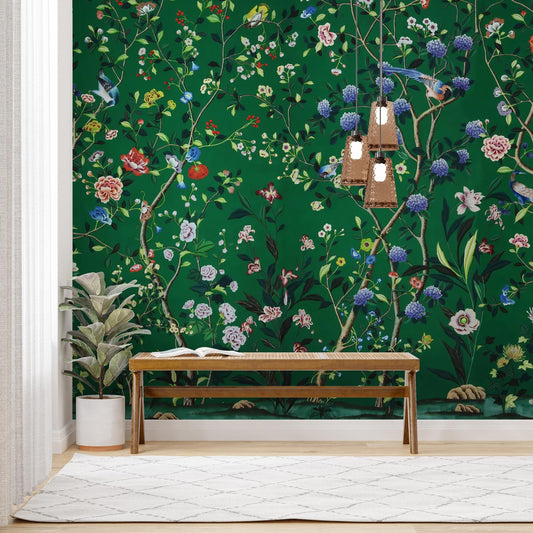 Roses and Colorful Birds on a Green Background Wallpaper, Spring Flowers Wallpaper, Floral Wallpaper, Romantic Mural, Vintage Wallpaper