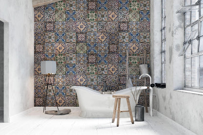 Turkish Bath Patterned Bathroom Wallpaper, Vintage Tile Look Wallpaper, Ceramic Look Mixed Pattern Wallpaper, Peel and Stick Wallpaper