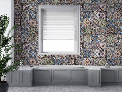 Turkish Bath Patterned Bathroom Wallpaper, Vintage Tile Look Wallpaper, Ceramic Look Mixed Pattern Wallpaper, Peel and Stick Wallpaper