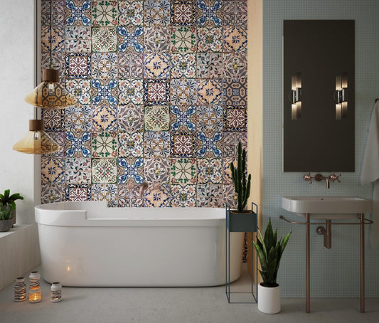 Turkish Bath Patterned Bathroom Wallpaper, Vintage Tile Look Wallpaper, Ceramic Look Mixed Pattern Wallpaper, Peel and Stick Wallpaper