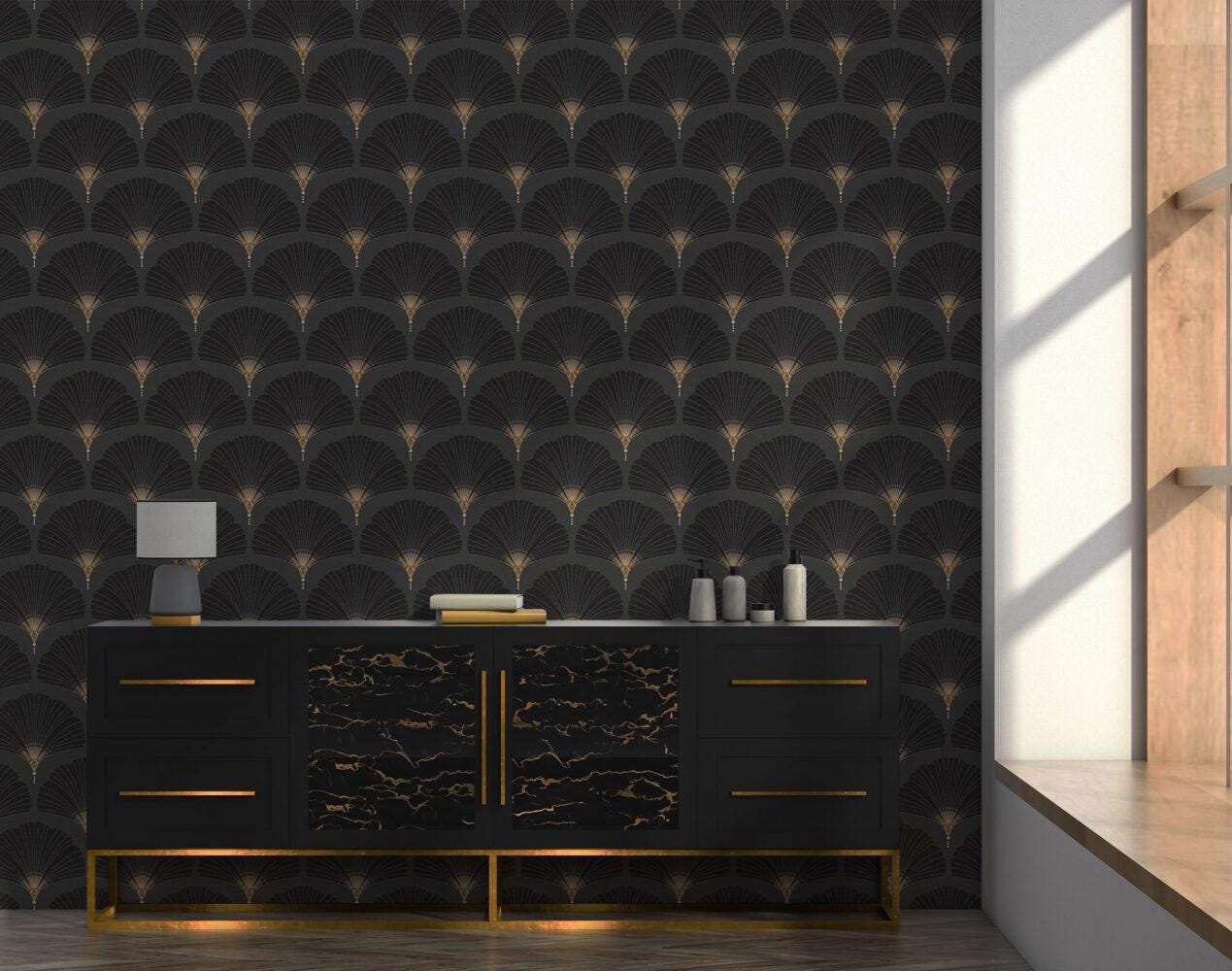 Black Fan Pattern Wallpaper, Abstract Wallpaper with Vintage Pattern, Boho Style Wallpaper, Design Wallpaper, Modern Pattern Wallpaper