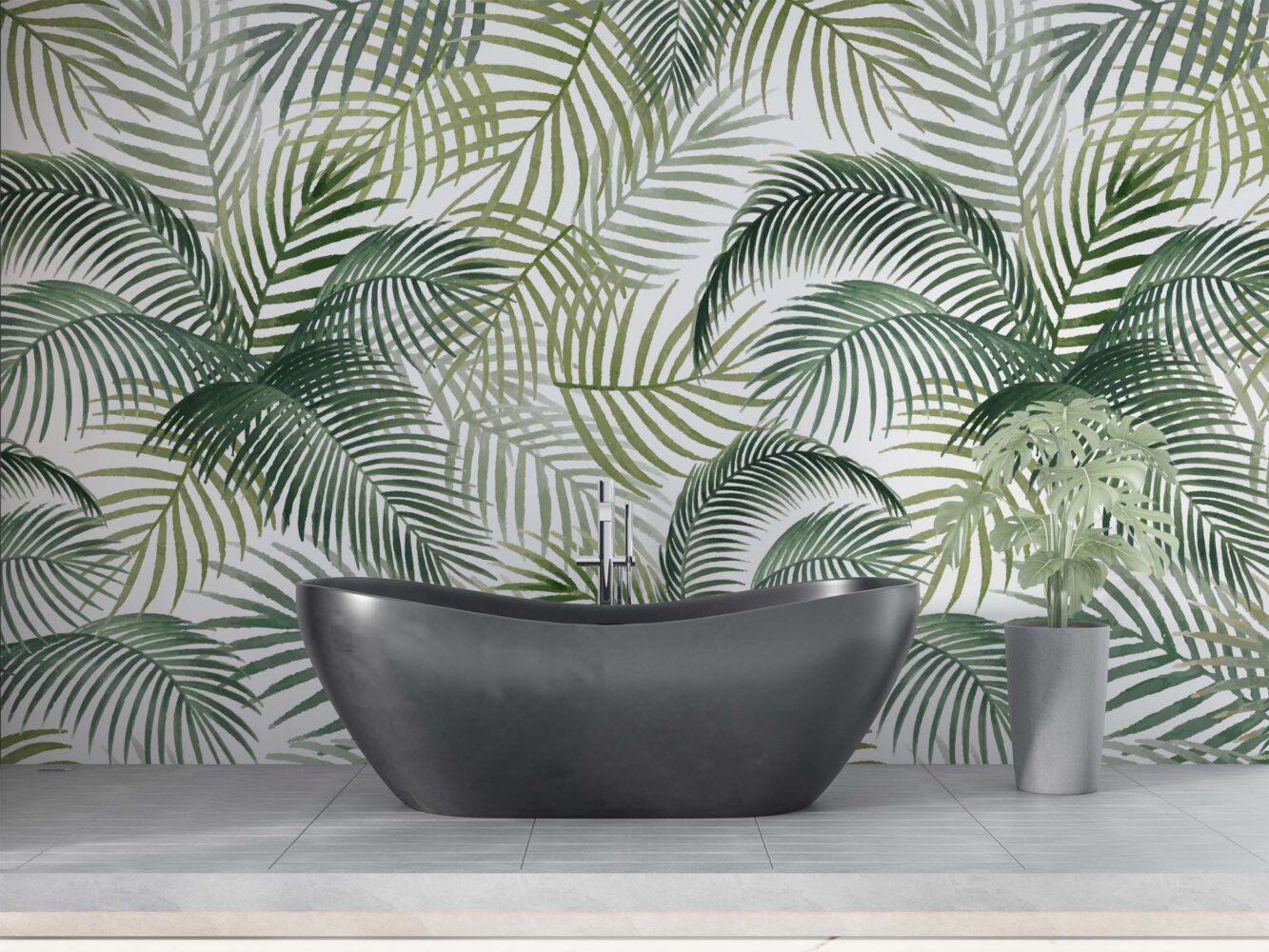 Tropical Green Palm Leaves Wallpaper, Green Plant Wallpaper, Bohemian Wallpaper, Leaf Mural, Botany Peel & Stick Wallpaper, Green Wallpaper