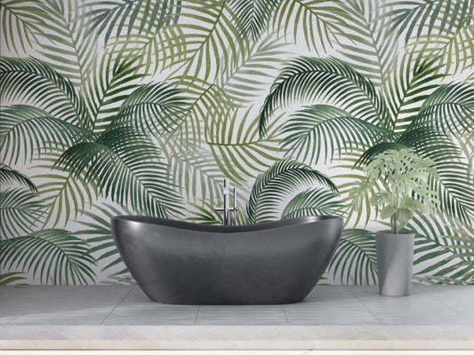 Tropical Green Palm Leaves Wallpaper, Green Plant Wallpaper, Bohemian Wallpaper, Leaf Mural, Botany Peel & Stick Wallpaper, Green Wallpaper