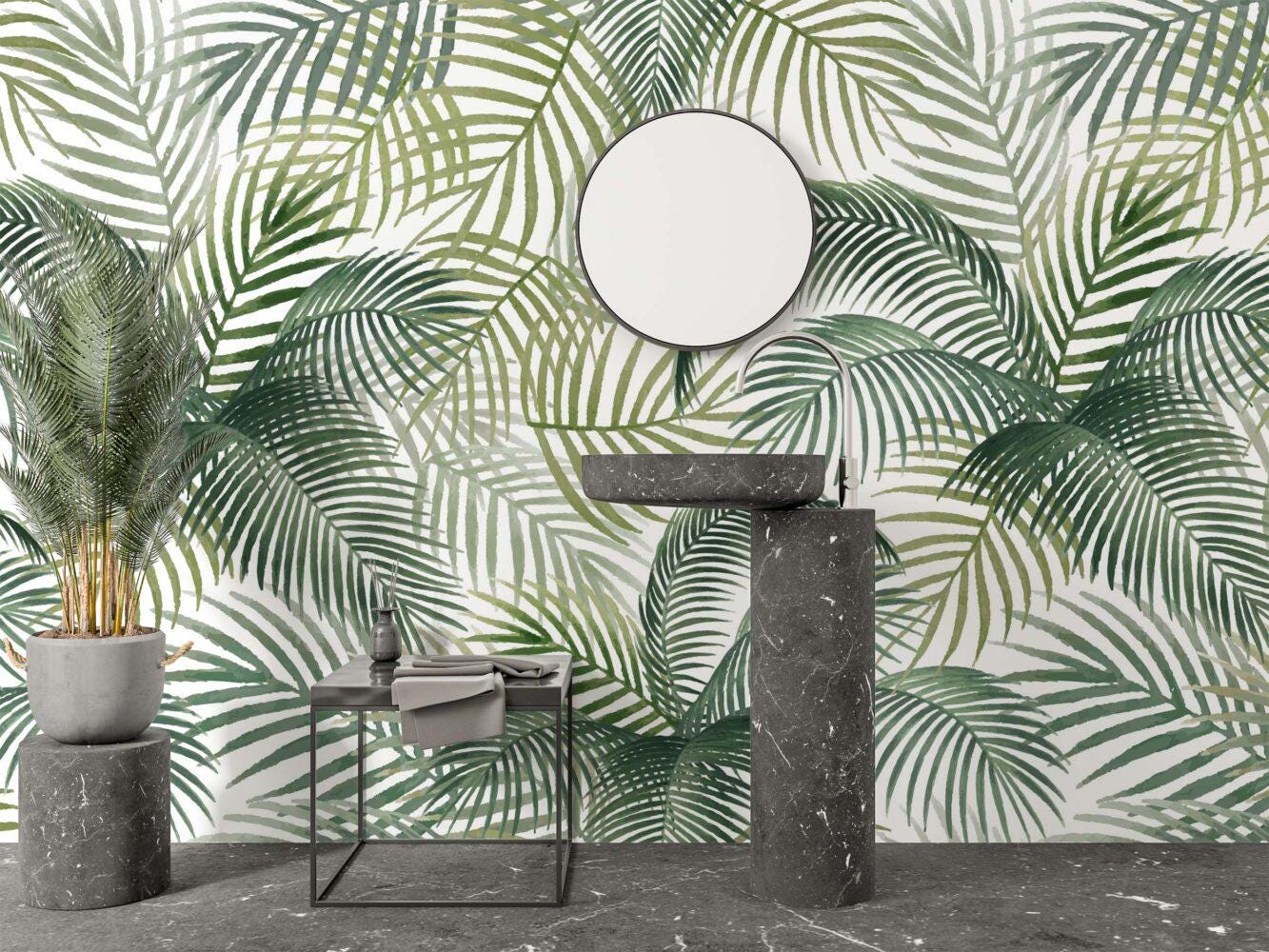 Tropical Green Palm Leaves Wallpaper, Green Plant Wallpaper, Bohemian Wallpaper, Leaf Mural, Botany Peel & Stick Wallpaper, Green Wallpaper