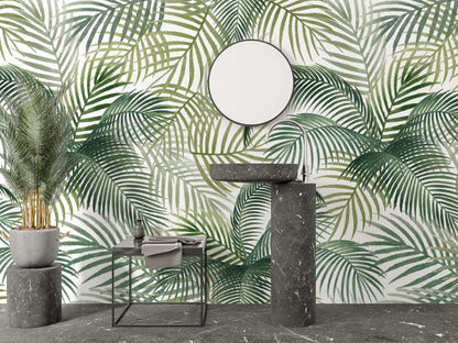 Tropical Green Palm Leaves Wallpaper, Green Plant Wallpaper, Bohemian Wallpaper, Leaf Mural, Botany Peel & Stick Wallpaper, Green Wallpaper