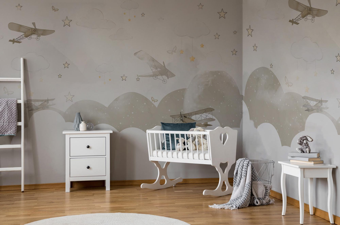 Soft Colored Airplanes and Clouds Kids Wallpaper, Illustration Wallpaper Nursery, Stars and Clouds Kids Wallpaper, Beige Baby Wallpaper