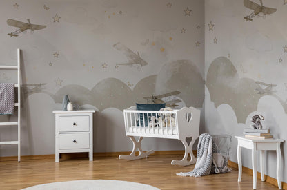 Soft Colored Airplanes and Clouds Kids Wallpaper, Illustration Wallpaper Nursery, Stars and Clouds Kids Wallpaper, Beige Baby Wallpaper