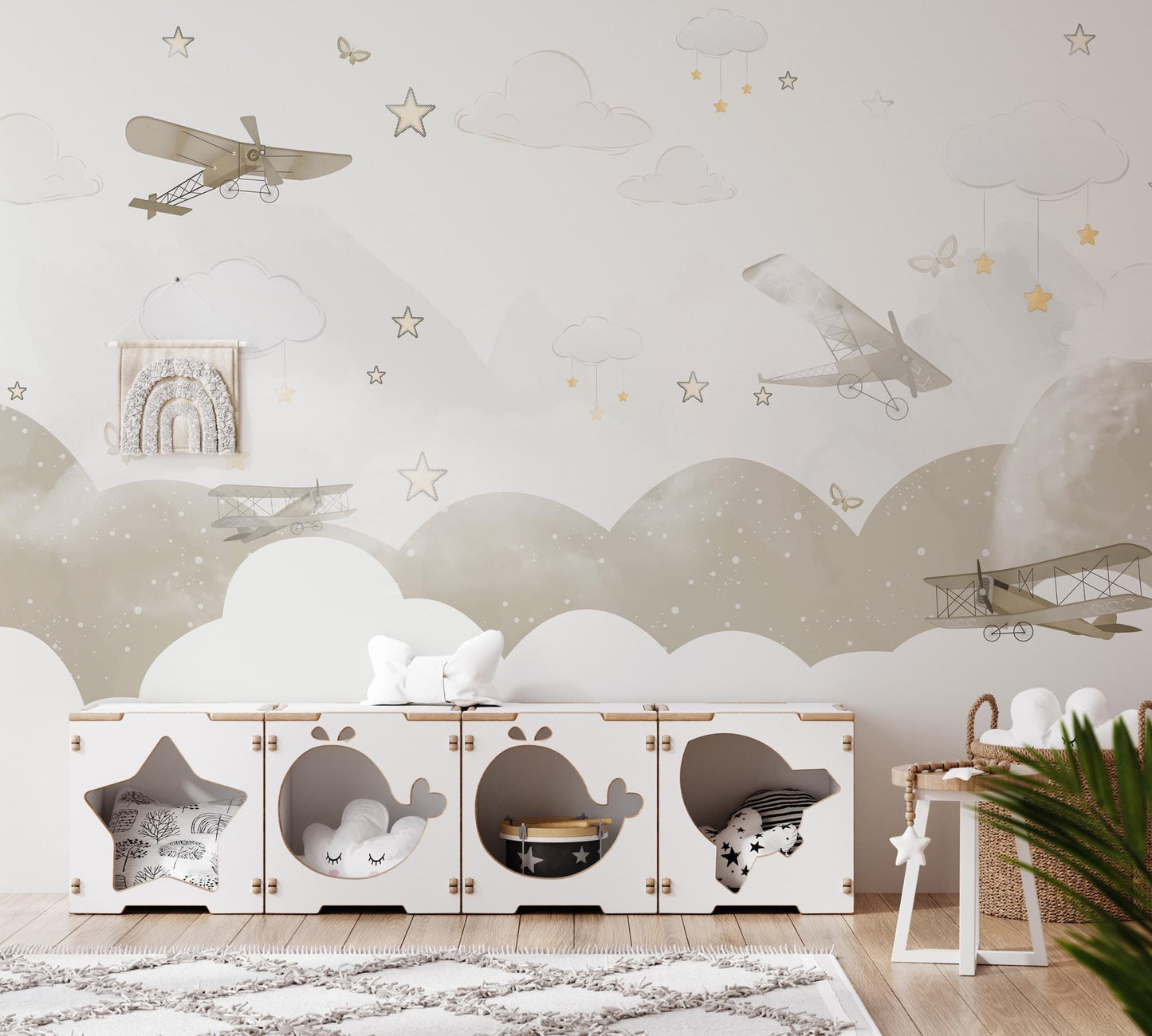 Soft Colored Airplanes and Clouds Kids Wallpaper, Illustration Wallpaper Nursery, Stars and Clouds Kids Wallpaper, Beige Baby Wallpaper