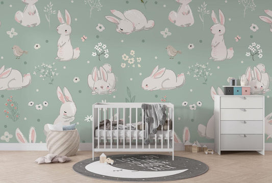 Cute Rabbits and Birds Kids Wallpaper, Cute Animals Wallpaper Nursery, Easter Child Wallpaper, Spring Kids Wallpaper, Baby Girl Wallpaper