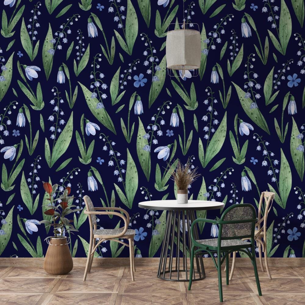 Snowdrop Flowers Minimalist Wallpaper, Navy Blue Illustration Wallpaper, Stylish Room Design, Modern Abstract Pattern Wallpaper