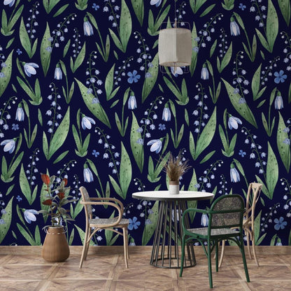 Snowdrop Flowers Minimalist Wallpaper, Navy Blue Illustration Wallpaper, Stylish Room Design, Modern Abstract Pattern Wallpaper