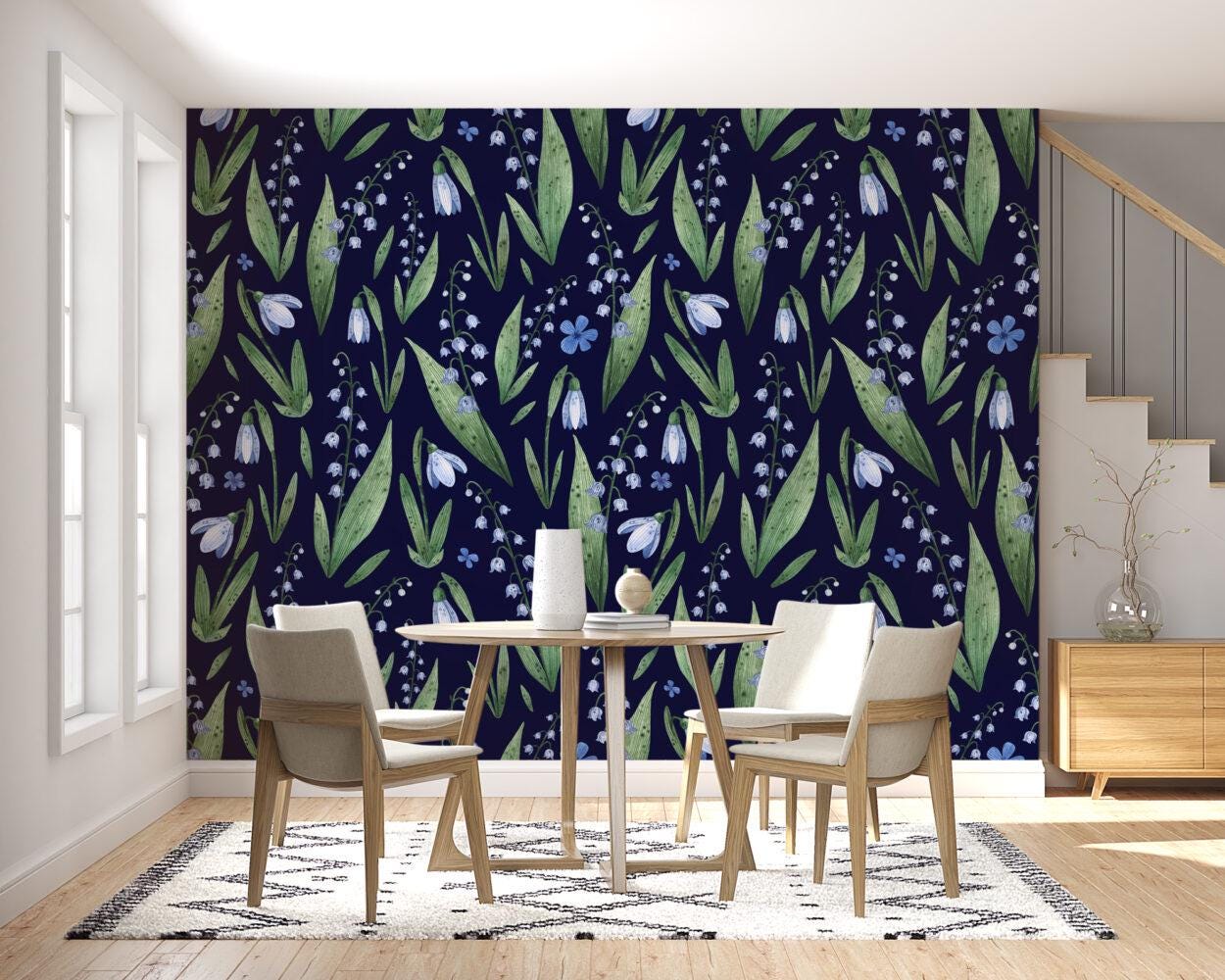 Snowdrop Flowers Minimalist Wallpaper, Navy Blue Illustration Wallpaper, Stylish Room Design, Modern Abstract Pattern Wallpaper