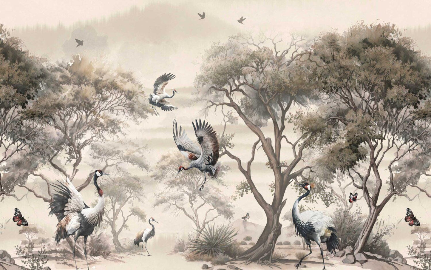 Cranes and Forest Trees Wallpaper, Mystic Artistic Wallpaper, Romantic Drawing Wallpaper, Bohemian Wallpaper, Vintage Nature Wallpaper