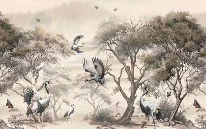 Cranes and Forest Trees Wallpaper, Mystic Artistic Wallpaper, Romantic Drawing Wallpaper, Bohemian Wallpaper, Vintage Nature Wallpaper