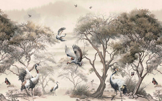 Cranes and Forest Trees Wallpaper, Mystic Artistic Wallpaper, Romantic Drawing Wallpaper, Bohemian Wallpaper, Vintage Nature Wallpaper