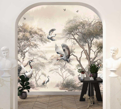 Cranes and Forest Trees Wallpaper, Mystic Artistic Wallpaper, Romantic Drawing Wallpaper, Bohemian Wallpaper, Vintage Nature Wallpaper