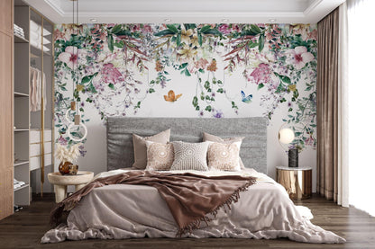 Tropical Leaves and Flowers Hanging from Above Wallpaper, Floral Wallpaper, Colourful Romantic Wallpaper, Spring Themed Drawing Wallpaper