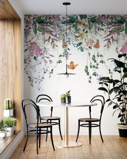 Tropical Leaves and Flowers Hanging from Above Wallpaper, Floral Wallpaper, Colourful Romantic Wallpaper, Spring Themed Drawing Wallpaper