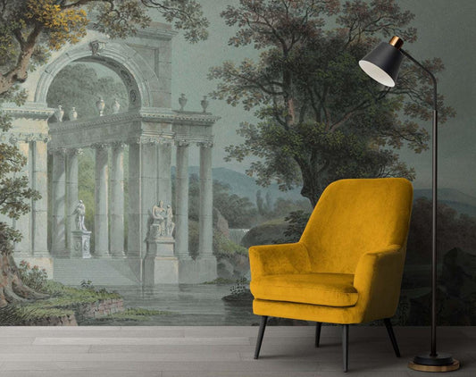 Arched Marble Columns by the River Wallpaper, Bohemian Peel and Stick Wallpaper, Antique Wallpaper, Nostalgic Wallpaper, Drawwing Wallpaper