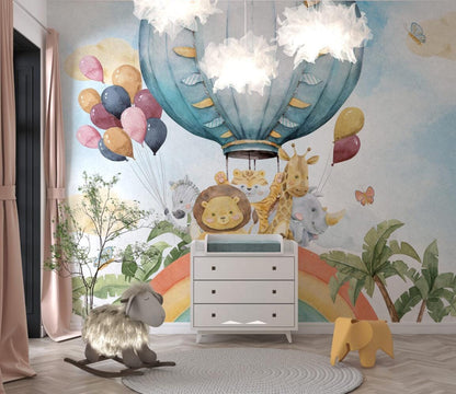 Cute Animals in Rainbow and Balloon Wallpaper, Watercolor Wallpaper Nursery , Childrens Wallpaper , Peel and Stick Wallpaper, Baby Wallpaper