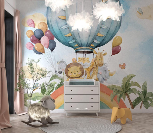 Cute Animals in Rainbow and Balloon Wallpaper, Watercolor Wallpaper Nursery , Childrens Wallpaper , Peel and Stick Wallpaper, Baby Wallpaper