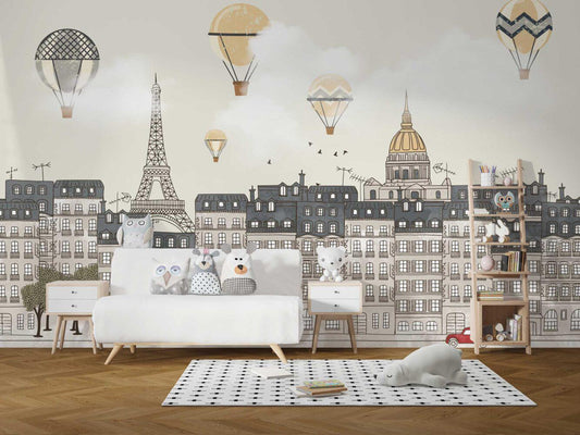 Paris City Wallpaper with Flying Balloons, Town Wallpaper For Kidsroom, Watercolor Wallpaper Nursery, Illustration Childrens Wallpaper