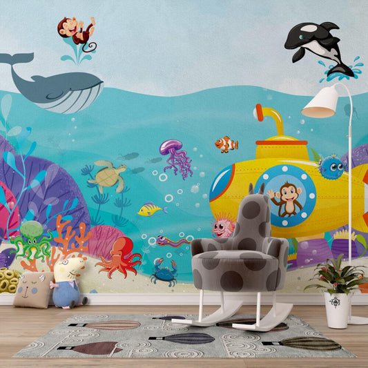 Diving Monkey And Sea Creatures Wallpaper, Whale Wallpaper for Kidsroom, Underwater Kid Wallpaper, Blue Sea Wallpaper Nursery, Child Mural