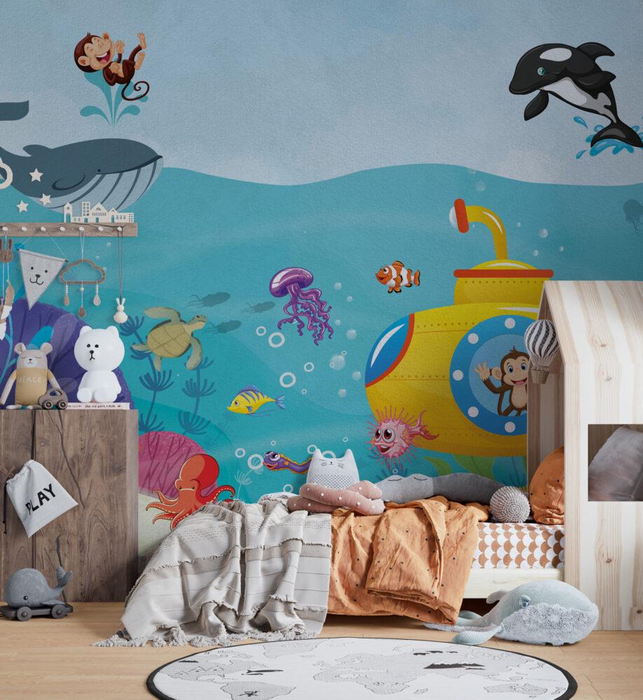 Diving Monkey And Sea Creatures Wallpaper, Whale Wallpaper for Kidsroom, Underwater Kid Wallpaper, Blue Sea Wallpaper Nursery, Child Mural