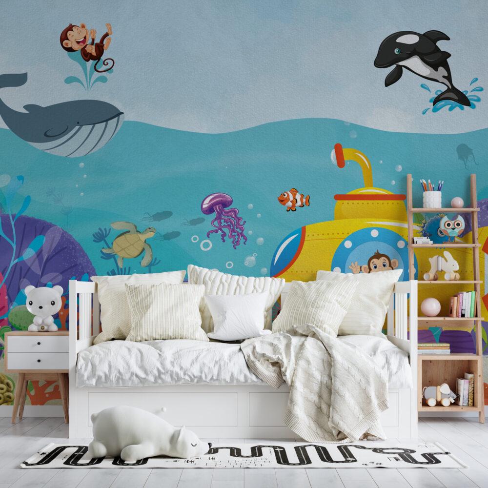 Diving Monkey And Sea Creatures Wallpaper, Whale Wallpaper for Kidsroom, Underwater Kid Wallpaper, Blue Sea Wallpaper Nursery, Child Mural