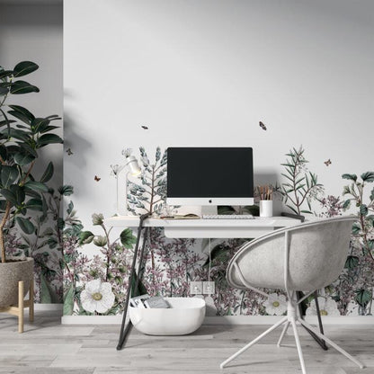 Botanical Garden Plants Flower Wallpaper, Illustration Wallpaper, Peel Stick Watercolor Wallpaper, Mini Flowers Wallpaper, Flowers Mural