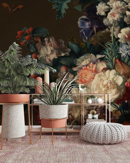Colorful Realistic Flowers Wallpaper, Elegant Garden Wallpaper, Darkness Floral Painting Wallpaper, Romantic Mural, Bloom Drawing Wallpaper