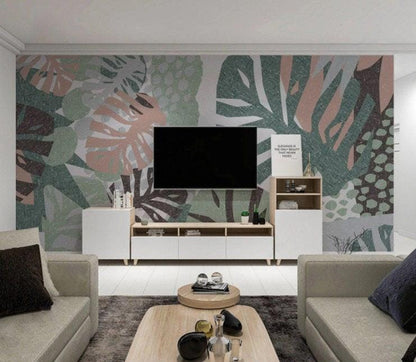 Green Big Leaves Wallpaper, Camelgrass Flower Illustration Wallpaper, Botanical Wallpaper, Modern Wall Mural, Abstract Pattern Wallpaper
