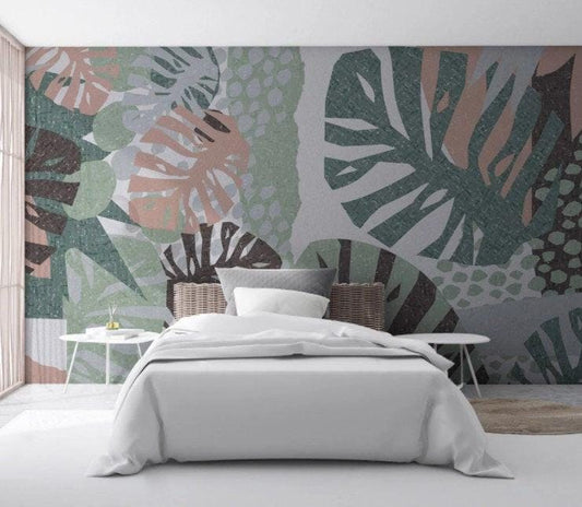 Green Big Leaves Wallpaper, Camelgrass Flower Illustration Wallpaper, Botanical Wallpaper, Modern Wall Mural, Abstract Pattern Wallpaper