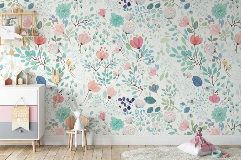 Colorful Flowers Plants Wallpaper on White Background, Illustration Wallpaper, Watercolor Wallpaper, Mini Flowers Wallpaper, Botanical Mural