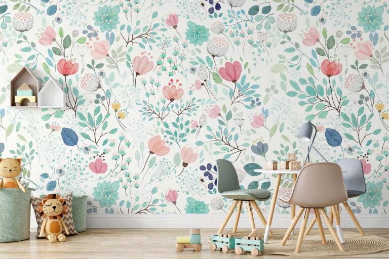 Colorful Flowers Plants Wallpaper on White Background, Illustration Wallpaper, Watercolor Wallpaper, Mini Flowers Wallpaper, Botanical Mural