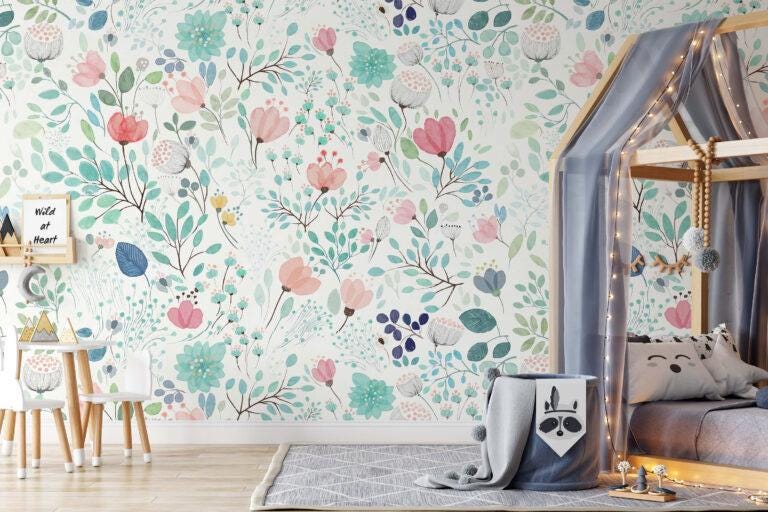Colorful Flowers Plants Wallpaper on White Background, Illustration Wallpaper, Watercolor Wallpaper, Mini Flowers Wallpaper, Botanical Mural