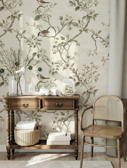 Elegant Bird and Flower Wallpaper, Spring Flowers Wallpaper, Vintage Floral Wallpaper, Romantic Mural, Bloom Wallpaper, Beige Wallpaper