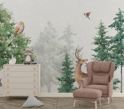 Animals in the Forest Wallpaper For Kidsroom, Childrens Wallpaper, Wall Mural Nursery,  Deer Bird Owl Kids Wallpaper, Watercolor Wallpaper