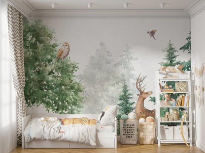 Animals in the Forest Wallpaper For Kidsroom, Childrens Wallpaper, Wall Mural Nursery,  Deer Bird Owl Kids Wallpaper, Watercolor Wallpaper